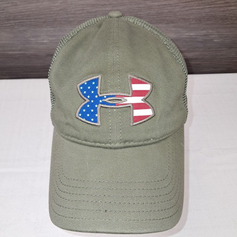 Green Under Armour Logo Baseball Hat Flag Stars Stripes Mesh Snapback Adjustable